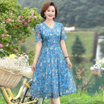 Load image into Gallery viewer, Women Summer Casual Dress Ladies Middle-aged Print Short Sleeve Pleated Dresses Female Vintage V-neck Vestidos