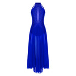 Load image into Gallery viewer, Women Lyrical Dance Dress Modern Contemporary Dancewear Halter Strappy Back Rhinestones Split Dress for Performance Competition