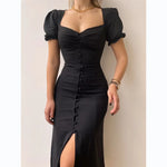 Load image into Gallery viewer, Elegant Dresses Women Summer Sexy Dress 2024 New V-Neck Single Breasted Short Puff Sleeves Solid High Waist Hem Split Midi Dress