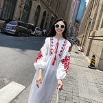 Load image into Gallery viewer, Women Autumn Dresses Bohemian Embroidered Flower O-Neck Lantern Sleeve High Waist Pleated Dress All-match Female Vestidos PL393