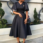 Load image into Gallery viewer, Elegant Dresses for Women V Neck Flare Sleeve High Waisted Pleated A Line Mid Calf Luxury Birthday Party Dinner Vestidos Mujer