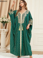 Load image into Gallery viewer, Muslim Dresses Women Elegant Long Robe Middle East Dubai Loose Abaya Bat Sleeve V-neck Tassel Evening Dress Femme Party Vestidos