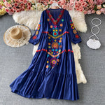 Load image into Gallery viewer, Women Vintage Dress Bohemian Ethnic Seaside Holiday Dress Spring Embroidered V-Neck Beach Dress Sundress Casual Pleated Vestidos