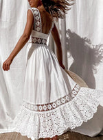 Load image into Gallery viewer, Women's Dress White Hollow Out Cotton Sundress Lace Sleeveless Long Splicing Summer Party Elegant Evening Woman Skirt Clothing