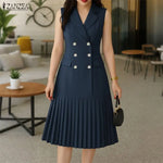 Load image into Gallery viewer, Women's Office Wear Pleated Midi Dresses Elegant Notched Lapel Double-Breasted Sleeveless Blazer Dress Summer Solid Robes Femme