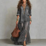 Load image into Gallery viewer, Denim Dress Women Dresses A Line Turn Down Collar Full Sleeve Ruffled Vintage Elegant Mesh Splice Work Causl Y2k Streetwear 2026