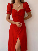 Load image into Gallery viewer, Elegant Dresses Women Summer Sexy Dress 2024 New V-Neck Single Breasted Short Puff Sleeves Solid High Waist Hem Split Midi Dress