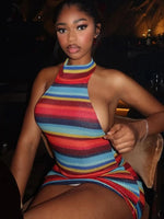 Load image into Gallery viewer, Kliou Stripe Patchwork Mini Dress Woman Bandage Halter Off Shoulder Backless Skinny Peach Hip Hot Girls Street Fashion Bodycon