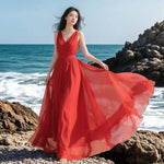 Load image into Gallery viewer, Women's Summer Red Dress New Fashion V-neck Sleeveless Chiffon Long Dress Seaside Vacation Bohemia Beach Dress Vestidos Female