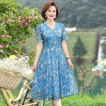 Load image into Gallery viewer, Women Summer Casual Dress Ladies Middle-aged Print Short Sleeve Pleated Dresses Female Vintage V-neck Vestidos