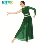 Load image into Gallery viewer, Womens Modern Lyrical Contemporary Dance Costume Cutout Round Neck Dress Side Split Sheer Mesh Dresses Performance Outfits