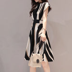 Load image into Gallery viewer, Women Dress Summer Vintage Printed Dress Elegant Fashion Ladies Business Dresses Belt O-Neck Short Sleeve Knee Length Dress