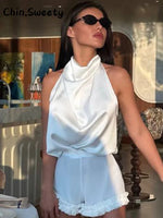 Load image into Gallery viewer, Elegant Women's Solid Halter Top Shorts Set Sleeveless Backless Swing Collar Vest Pleated Short Pant 2026 Summer Lady Beach Suit
