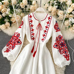 Load image into Gallery viewer, Women Autumn Dresses Bohemian Embroidered Flower O-Neck Lantern Sleeve High Waist Pleated Dress All-match Female Vestidos PL393