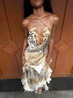 Load image into Gallery viewer, Women's Leopard Print Long Maxi Dress Halter Neck Plunge Front Tiered Ruffle Mermaid Skirt Elegant Party Cocktail Daily Gowns