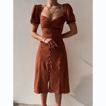 Load image into Gallery viewer, Elegant Dresses Women Summer Sexy Dress 2024 New V-Neck Single Breasted Short Puff Sleeves Solid High Waist Hem Split Midi Dress