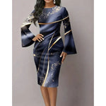 Load image into Gallery viewer, Women's Elegant Bodycon Dress with Flared Sleeves Unique Blue & Gold Metallic Swirl Print Boho Chic Midi Dress for Night Out