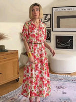 Load image into Gallery viewer, Women's Dresses Summer Female Fashion Floral Print Slim Dress With Belt Lady Chic High Waist V-Neck Bubble Short Sleeved Dress