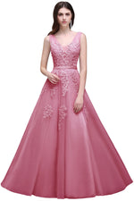 Load image into Gallery viewer, Women Burgundy Evening Dress Lace Appliques Tulle V-Neck Sexy Backless Prom Dresses A-Line Floor-Length Sleeveless Party Vestido