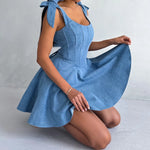 Load image into Gallery viewer, Denim Dress for Women Sexy Adult Clothing Fashionable Hot Girl Collar Bow Tied Strap Skirt Waist Dress Hight Street Style Summer