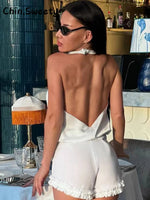 Load image into Gallery viewer, Elegant Women's Solid Halter Top Shorts Set Sleeveless Backless Swing Collar Vest Pleated Short Pant 2026 Summer Lady Beach Suit