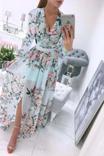 Load image into Gallery viewer, Women's Dress Summer Autumn Chiffon Slim Printed Pleated Stitching Dress Women Long Sleeve V-neck High Waist Slit Bohemian Dress