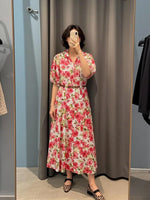 Load image into Gallery viewer, Women's Dresses Summer Female Fashion Floral Print Slim Dress With Belt Lady Chic High Waist V-Neck Bubble Short Sleeved Dress