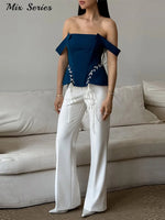 Load image into Gallery viewer, Elegant Off Shoulder Blue Tube Top Women's Contrast Lace Up Waist Cinched Corset Tops 2026 Summer New Lady Fashion Streetwear