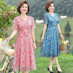 Load image into Gallery viewer, Women Summer Casual Dress Ladies Middle-aged Print Short Sleeve Pleated Dresses Female Vintage V-neck Vestidos