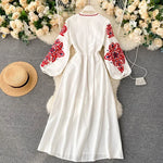 Load image into Gallery viewer, Women Autumn Dresses Bohemian Embroidered Flower O-Neck Lantern Sleeve High Waist Pleated Dress All-match Female Vestidos PL393