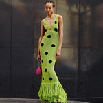 Load image into Gallery viewer, Women Sexy See Through Knitted Maxi Dress Hollow Out Deep Neck Pot Robes Tassel Hem Fork Party Vestidos New Lady Club Dress