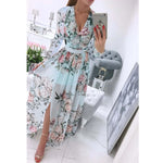 Load image into Gallery viewer, Women's Dress Summer Autumn Chiffon Slim Printed Pleated Stitching Dress Women Long Sleeve V-neck High Waist Slit Bohemian Dress