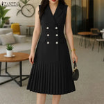 Load image into Gallery viewer, Women's Office Wear Pleated Midi Dresses Elegant Notched Lapel Double-Breasted Sleeveless Blazer Dress Summer Solid Robes Femme