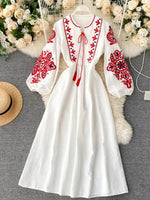 Load image into Gallery viewer, Women Autumn Dresses Bohemian Embroidered Flower O-Neck Lantern Sleeve High Waist Pleated Dress All-match Female Vestidos PL393