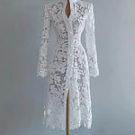 Load image into Gallery viewer, Women's Lace Dress for Women Fall Stand Collar Single Breasted Long Sleeve Coat Midi Dress See Through Elegant Sweet Dresses