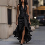 Load image into Gallery viewer, Women's Deep V-Neck Ruffled Evening Gowns Solid Lace-Up High Waist Satin Party Dresses Elegant Temperament Wedding Guests Dress