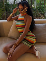 Load image into Gallery viewer, Kliou Stripe Patchwork Mini Dress Woman Bandage Halter Off Shoulder Backless Skinny Peach Hip Hot Girls Street Fashion Bodycon