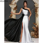 Load image into Gallery viewer, Women's Black White Evening Dress 2026 One Shoulder Flowers Ball Gown Silt Satin Formal Party Dress Vestdos De Fiesta Customized