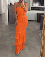 Load image into Gallery viewer, Womens Dresses 2024 Summer Fashion Temperament Solid Color Sexy Bandeau Sleeveless Slim Fit Shirred Ruffle Layered Long Dress