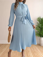 Load image into Gallery viewer, Women's Long Dresses Summer Elegant Pleated Long Sleeveed Lace Up Dresses Beach Boho Wrap Ruffle Hem Swing Sundress