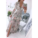 Load image into Gallery viewer, Women's Dress Summer Autumn Chiffon Slim Printed Pleated Stitching Dress Women Long Sleeve V-neck High Waist Slit Bohemian Dress