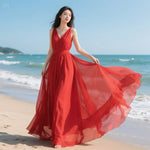 Load image into Gallery viewer, Women's Summer Red Dress New Fashion V-neck Sleeveless Chiffon Long Dress Seaside Vacation Bohemia Beach Dress Vestidos Female