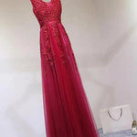 Load image into Gallery viewer, Women Burgundy Evening Dress Lace Appliques Tulle V-Neck Sexy Backless Prom Dresses A-Line Floor-Length Sleeveless Party Vestido