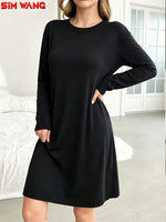Load image into Gallery viewer, Long-Sleeved Dress for Women. Loose Round-Neck Long-Style Solid-Color Basic Home-Style Casual Dress.