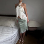 Load image into Gallery viewer, Solid Satin Women Fringe Top Cross Halter Neck Sleeveless Off Shoulder Backless Fashion Crop Tank Tops 2026 Summer Chic Outfits