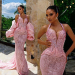 Load image into Gallery viewer, Fashion Evening Dresses For Women Halter Neck Sleeveless Wrap Gown Lace Rhinestone Sweep Train Dress Party Customized vestidos