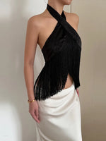 Load image into Gallery viewer, Solid Satin Women Fringe Top Cross Halter Neck Sleeveless Off Shoulder Backless Fashion Crop Tank Tops 2026 Summer Chic Outfits