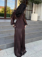 Load image into Gallery viewer, Women's Fashion Draped Design Solid Long Dress 2026 Casual Commute Waist Party Dresses Elegant O-neck Long Sleeve Evening Dress