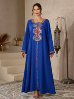 Load image into Gallery viewer, Ramadan Islamic Modest Abaya Dress for Women Ethnic Colorful Embroidery Morocco Casual Round Neck Long Robe Elegant Dubai Muslim