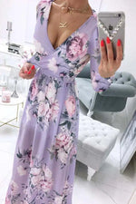 Load image into Gallery viewer, Women's Dress Summer Autumn Chiffon Slim Printed Pleated Stitching Dress Women Long Sleeve V-neck High Waist Slit Bohemian Dress